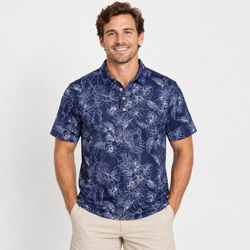 Chubbies The Bird Is The Word Performance Polo Men’s M Navy Parrot Tropical Golf